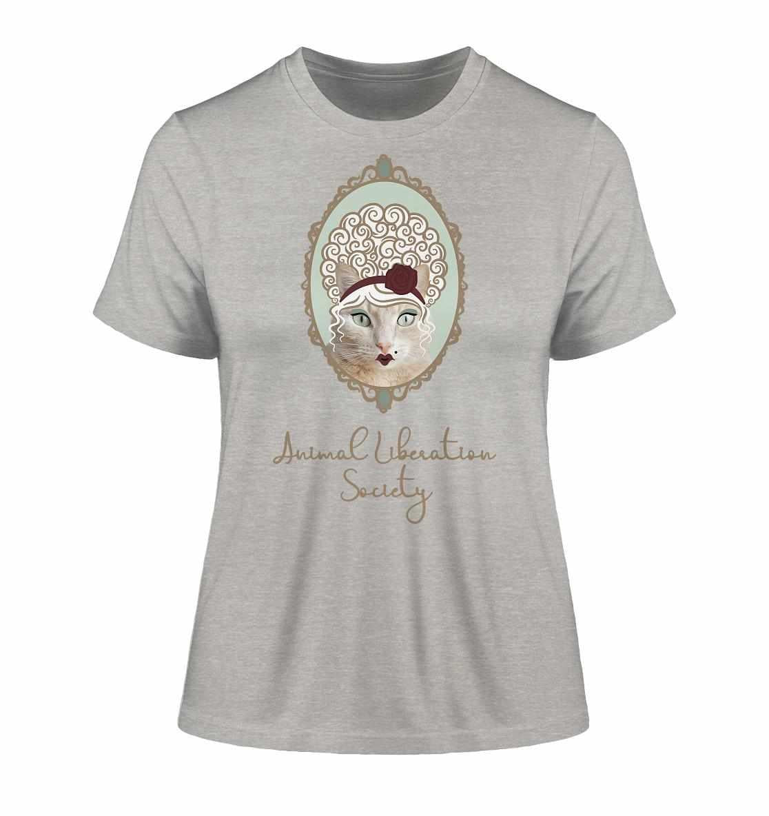 Vegan und Bio Ladies Shirt: Miss Cat - Animal Liberation Society, zeigt eine Katze mit Hut und Rose, nachhaltig aus Bio-Baumwolle gefertigt.