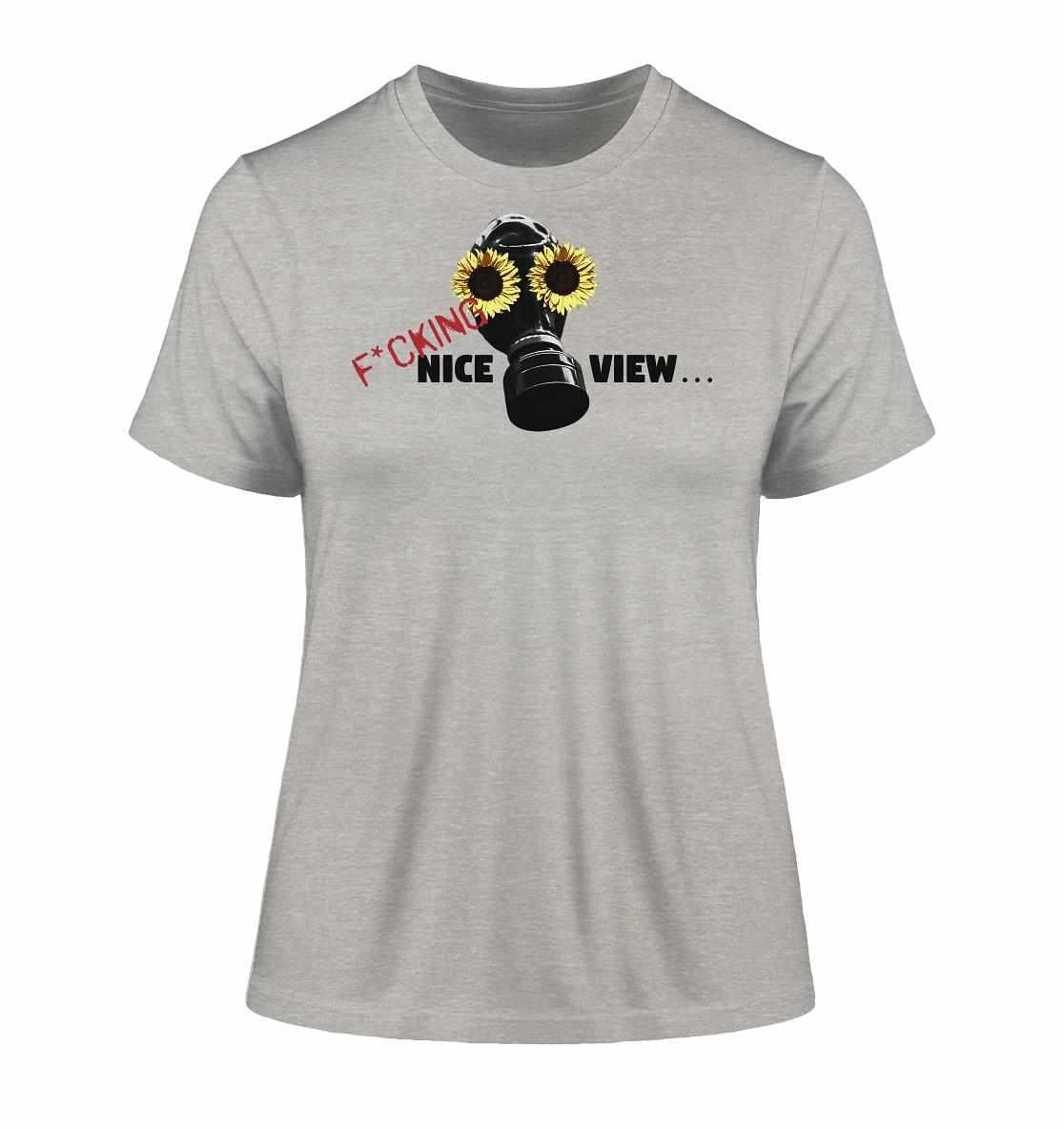 Vegan und Bio Ladies Shirt: Sunflower Mask - Graues T-Shirt mit schwarzer Gasmaske und gelben Sonnenblumen, aus Bio-Baumwolle, nachhaltig und umweltfreundlich hergestellt.