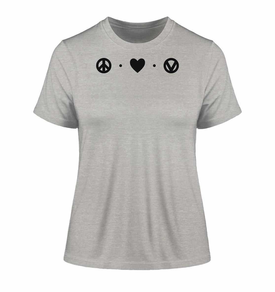 Graues Bio-T-Shirt Peace - Love - Veganism mit Peace- und Herzsymbol, aus nachhaltiger Produktion, für vegane und umweltbewusste Statements.