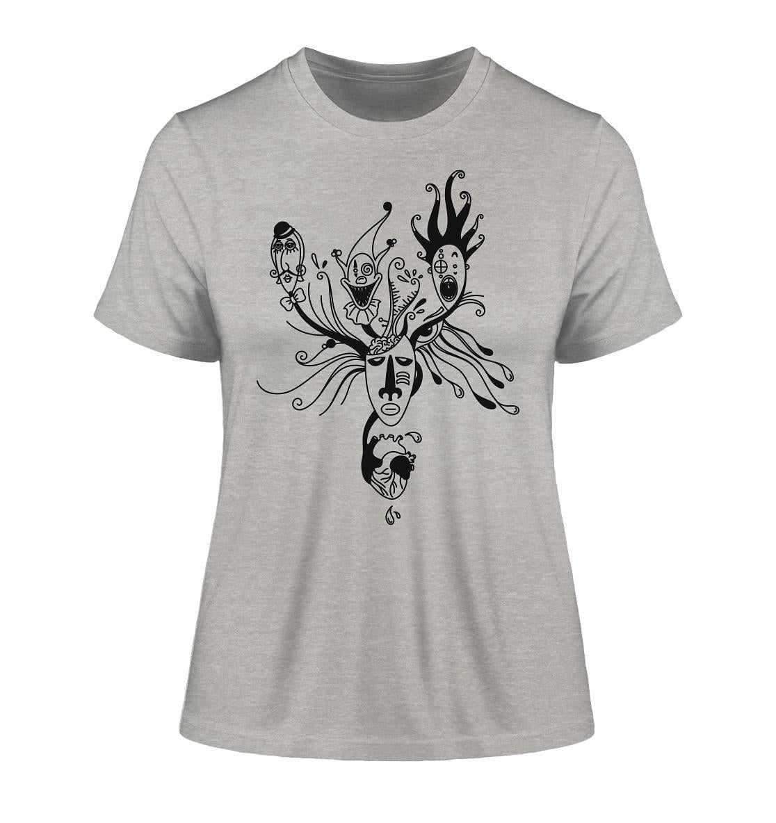 Vegan und Bio Ladies Shirt: Mental Health - Behind the Mask mit schwarzem Gesichtsgrafik im minimalistischen Blackwork-Design auf grauem Hintergrund, aus Bio-Baumwolle.