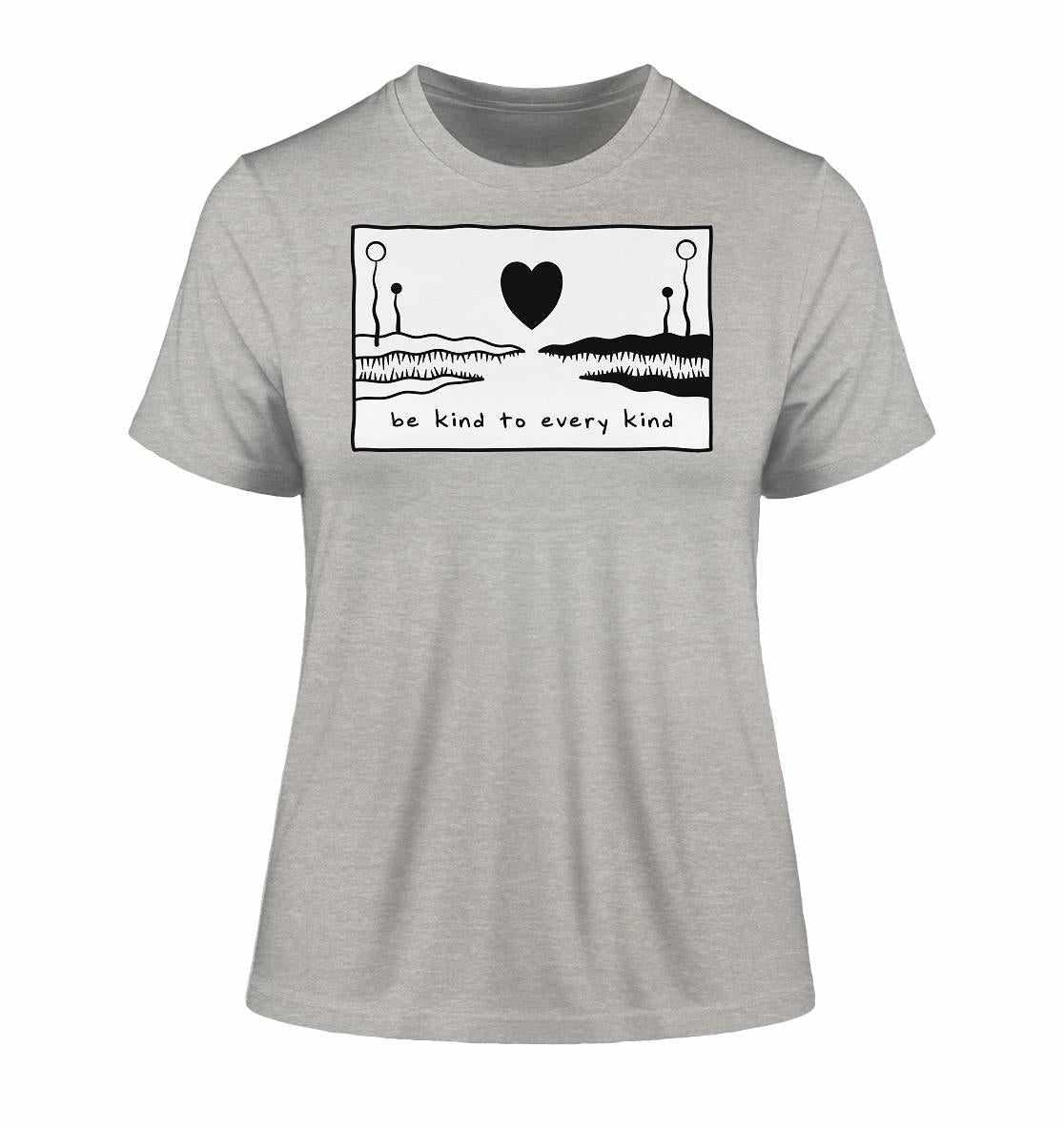 Graues T-Shirt mit Herzmotiv und Text Be kind to every kind, vegan und umweltfreundlich aus Bio-Baumwolle, von RUDE REBEL.