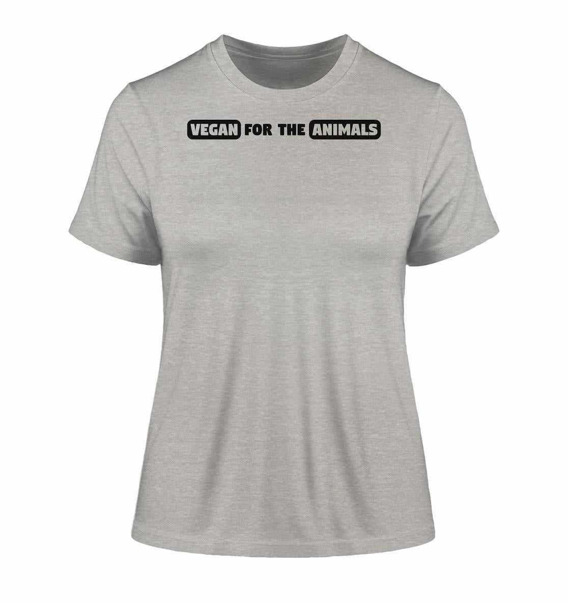 Graues Damen-T-Shirt mit schwarzem Text Vegan for the Animals, hergestellt aus Bio-Baumwolle, vegan und umweltfreundlich produziert.