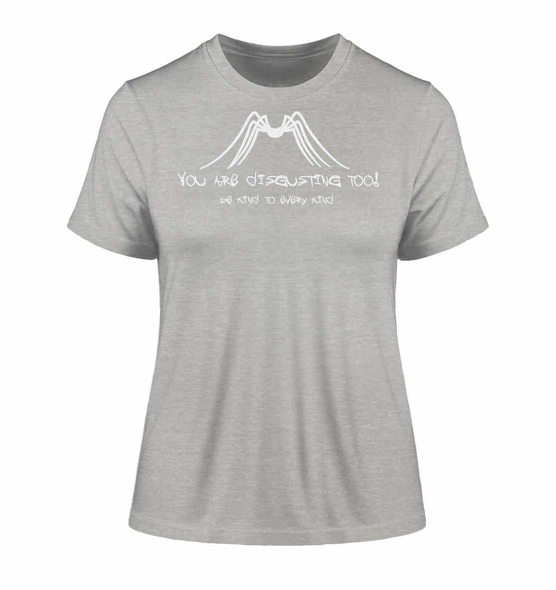 Vegan und Bio Ladies Shirt: Protect Insects, graues T-Shirt mit weißem Text und Spinnengrafik, aus 100% Bio-Baumwolle, umweltfreundlich produziert.