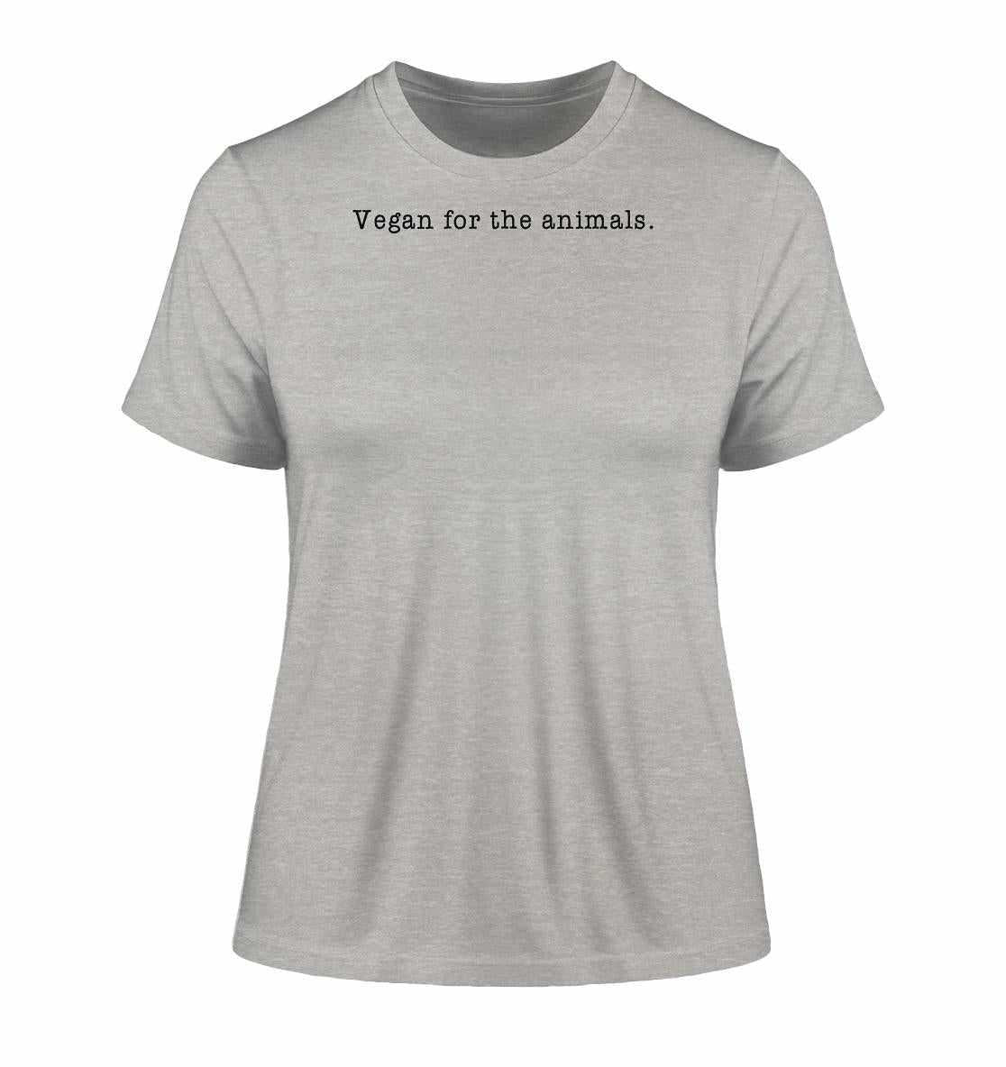 Vegan und Bio Ladies Shirt: Vegan for the animals - minimalistisch. Graues T-Shirt mit schwarzem Text, hergestellt aus 100% Bio-Baumwolle, betont Tierliebe und Veganismus.