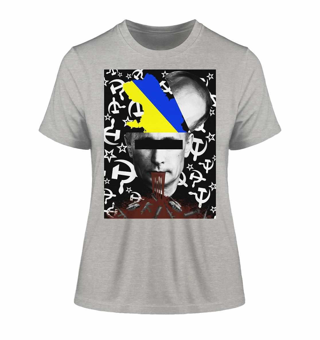Vegan und Bio Ladies Shirt: STOP WAR IN UKRAINE! Graues Shirt mit Collage eines Mannes, thematisch gegen Krieg, aus 100% Bio-Baumwolle.