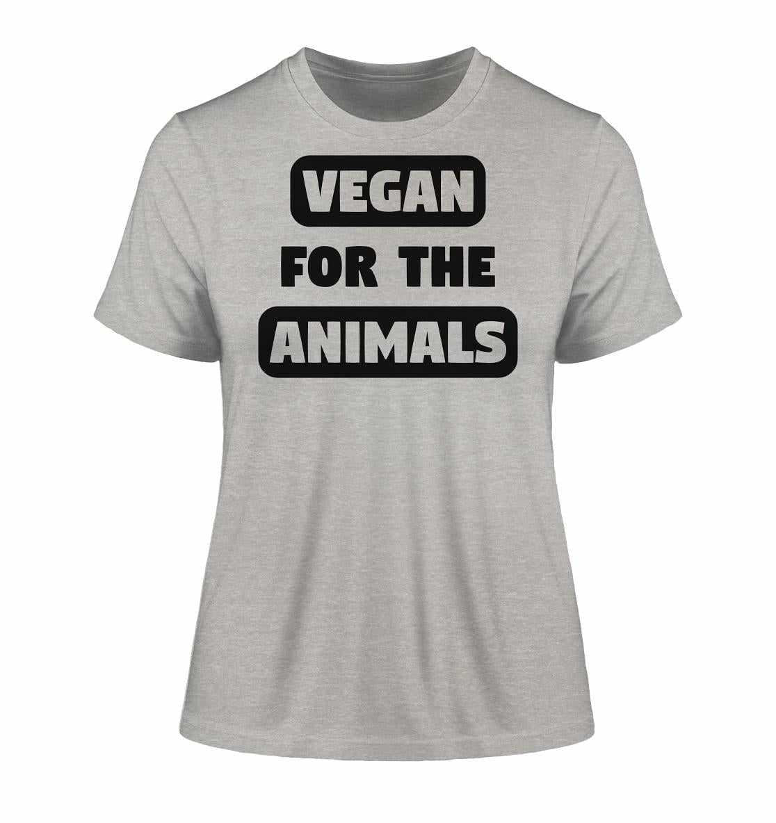 Graues Bio-T-Shirt mit schwarzem VEGAN FOR THE ANIMALS Schriftzug, symbolisiert Tierrechte und nachhaltigen Lebensstil.
