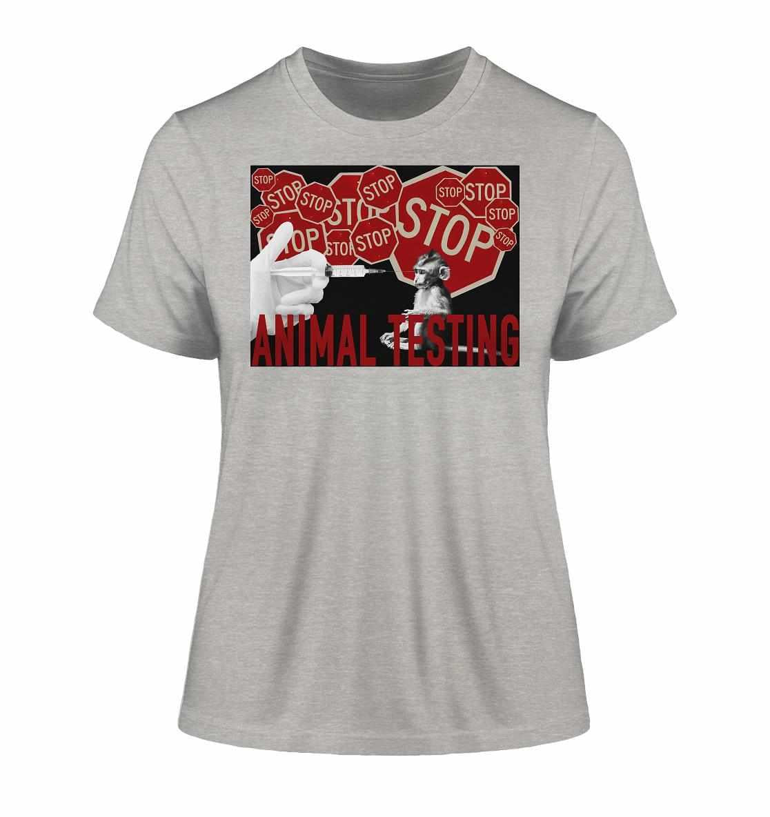 Graues T-Shirt mit STOP ANIMAL TESTING! Design, zeigt eine Spritze, die einen Affen injiziert, aus Bio-Baumwolle, von RUDE REBEL.