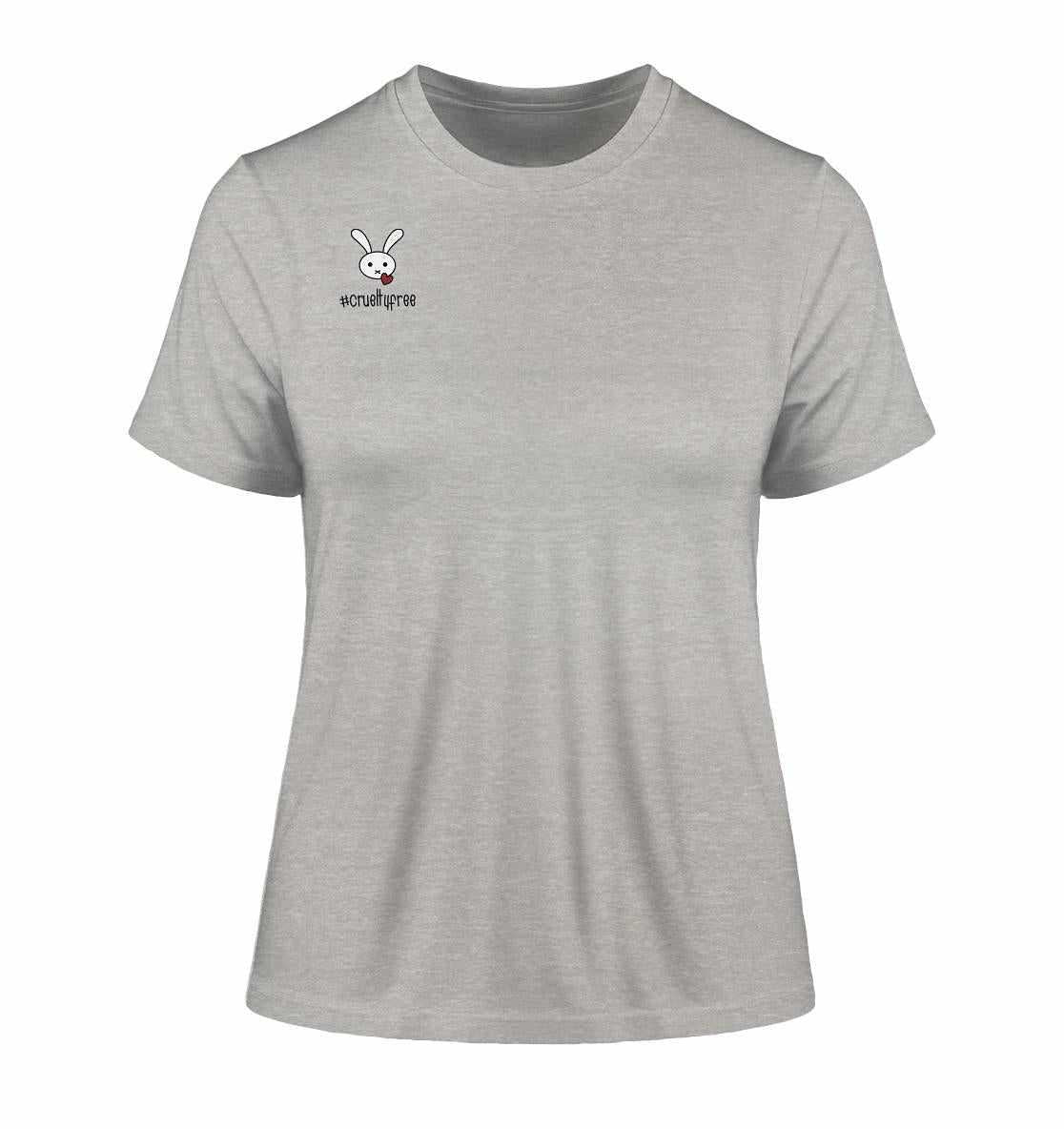 Vegan und Bio Ladies Shirt: Crueltyfree Bunny, graues T-Shirt mit Cartoon-Hase und Herzmotiv, aus 100% Bio-Baumwolle.