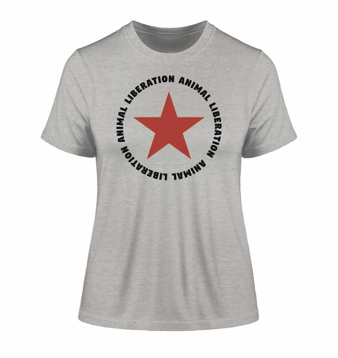 Vegan und Bio Ladies Shirt: Red Star und Animal Liberation, graues T-Shirt, roter Stern, aus Bio-Baumwolle, umweltfreundlich und stilvoll, von RUDE REBEL.