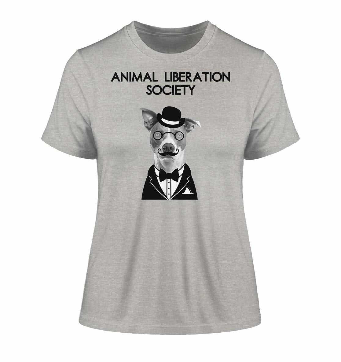 Vegan und Bio Ladies Shirt mit Mr. Dog, einem Hund mit Hut und Brille, als Design der Animal Liberation Society.