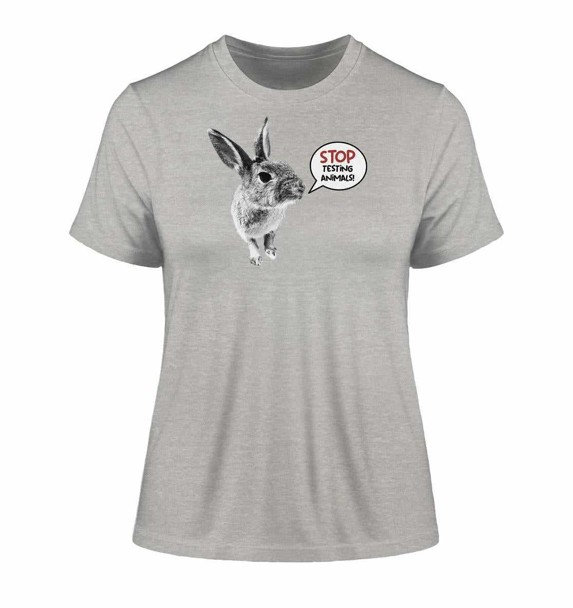 Vegan und Bio Ladies Shirt mit Hase und Botschaft Stop Animal Testing!, aus nachhaltiger Bio-Baumwolle, rebellisches Design für Tierrechte von RUDE REBEL.