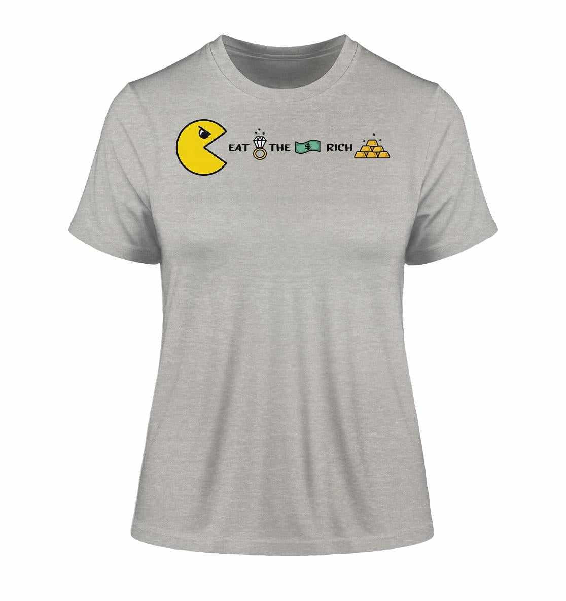 Vegan und Bio Ladies Shirt: PAC-MAN - Eat the rich, graues T-Shirt mit Cartoon-Charakter und provokantem Textdesign, hergestellt aus 100 % Bio-Baumwolle.