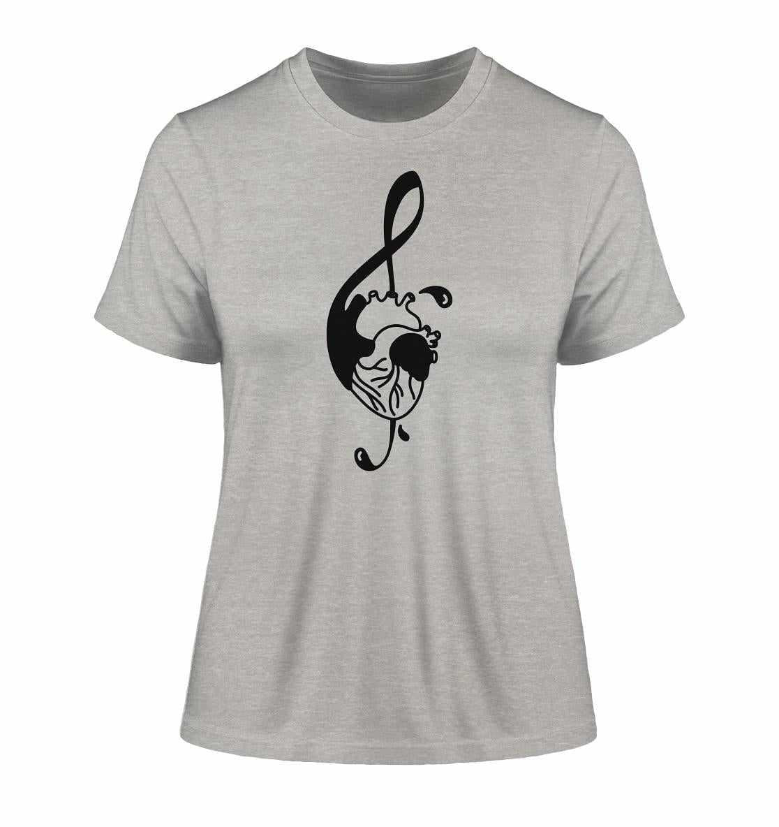 Veganes Bio-Shirt mit Herz-Treble-Clef-Design, symbolisiert Musik als Therapie. Hergestellt aus Bio-Baumwolle, ideal für Musikliebhaberinnen.