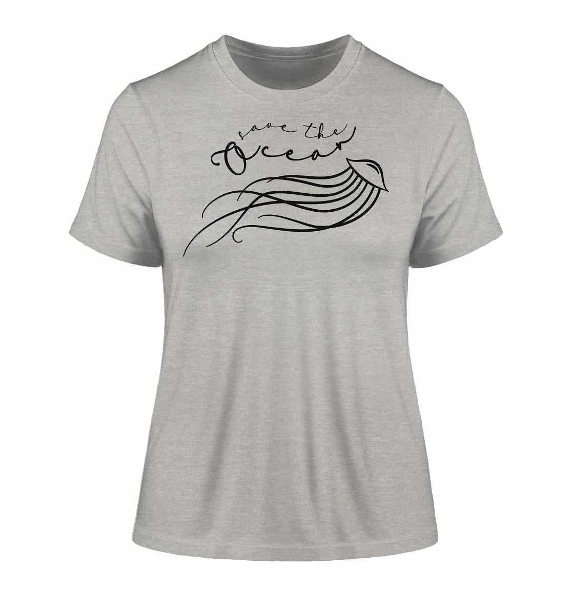 Vegan und Bio Ladies Shirt: Save the Ocean - Minimalistische Qualle, graues T-Shirt mit Grafikdesign und Botschaft zum Meeresschutz aus Bio-Baumwolle.