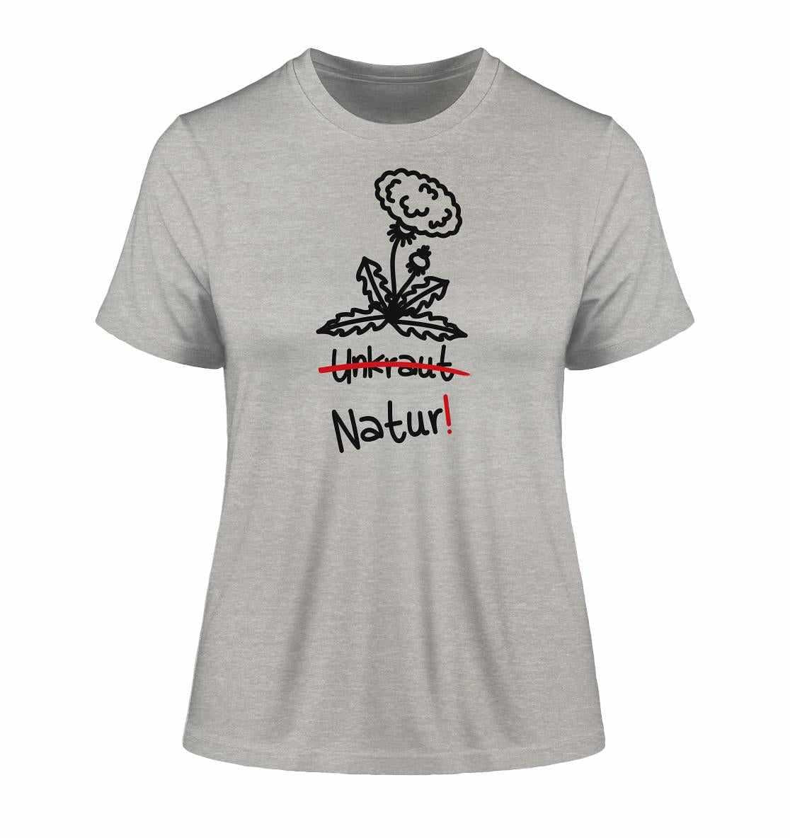 Vegan und Bio Ladies Shirt: Graues T-Shirt mit grafischem Blumenmotiv und Text, symbolisiert Naturschutz. Hergestellt aus 100 % Bio-Baumwolle, umweltfreundlich und vegan produziert.