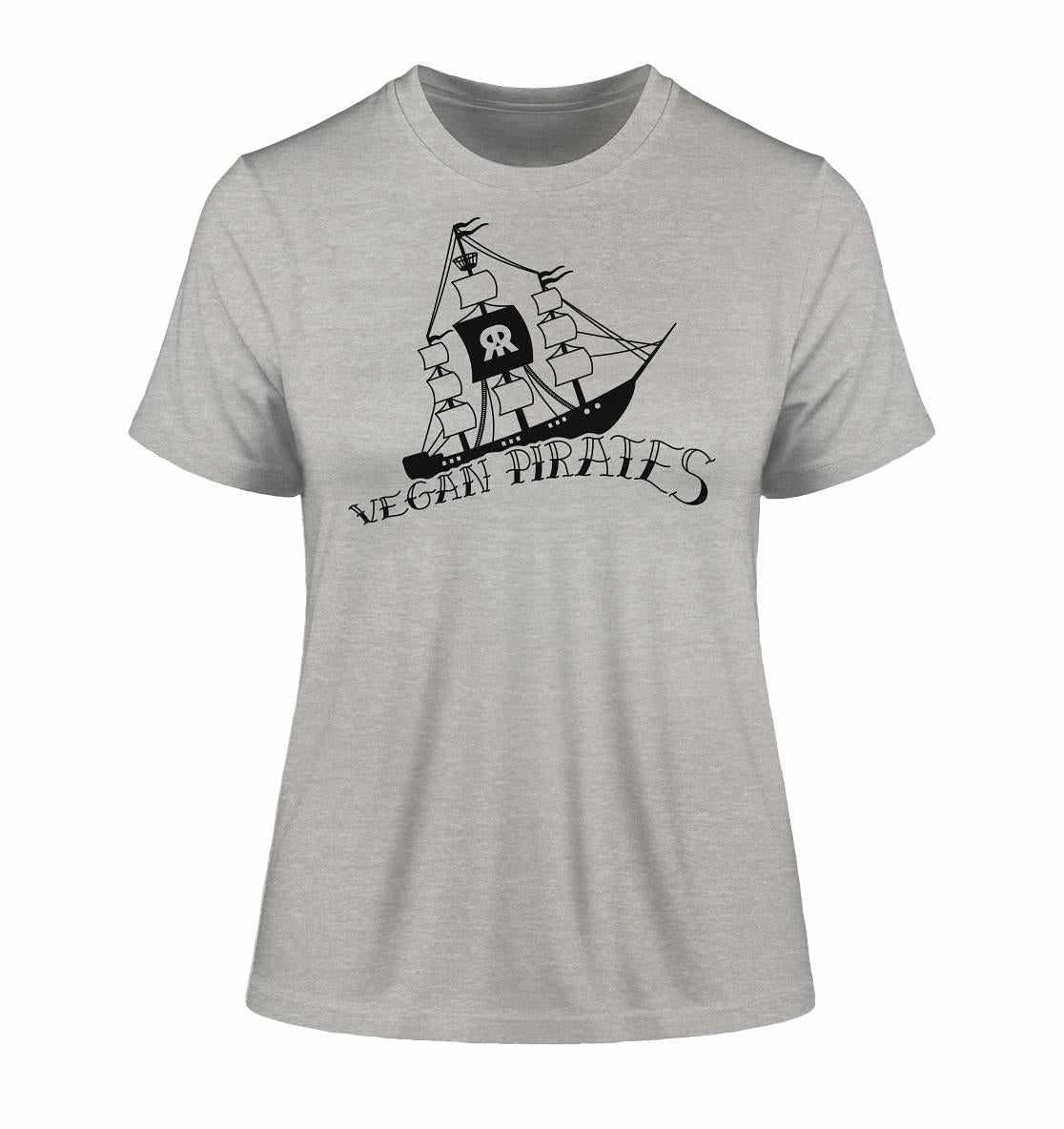 Vegan und Bio Ladies Shirt: Vegan Pirates, graues T-Shirt mit Piratenschiff-Design, aus Bio-Baumwolle, Teil der nachhaltigen RUDE REBEL Kollektion.
