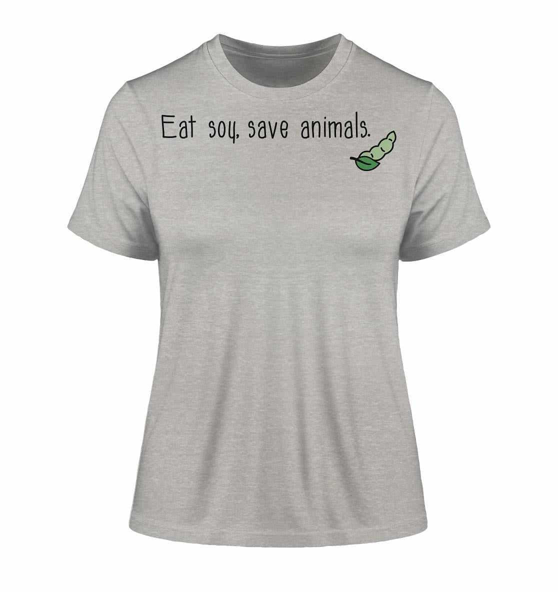 Vegan und Bio Ladies Shirt mit grünem Erbsenmotiv und Text, aus 100% Bio-Baumwolle, betont veganen Lebensstil und Tierschutz.