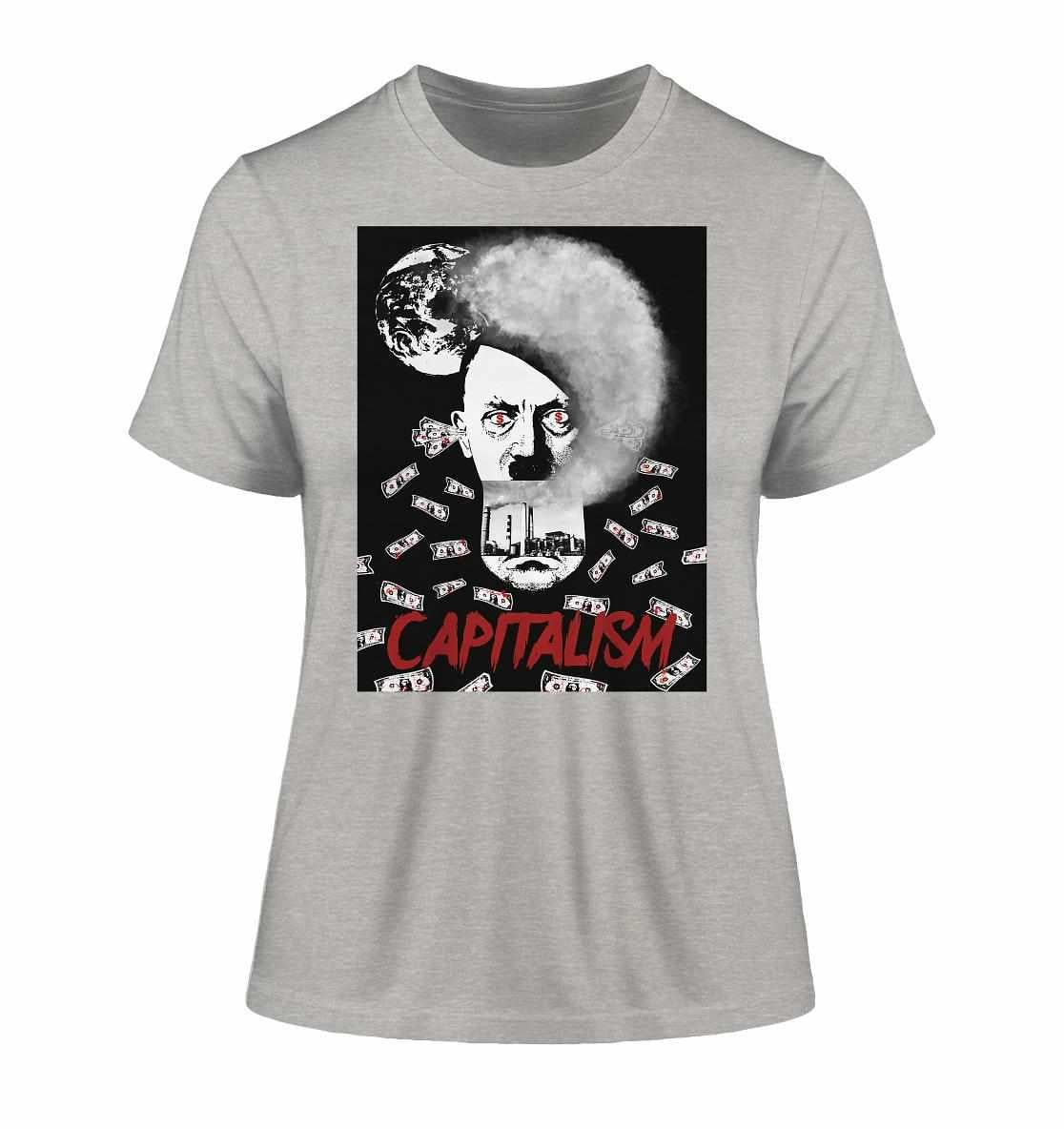 Vegan und Bio Ladies Shirt mit Bild eines bärtigen Mannes, das Kapitalismus und Umweltzerstörung thematisiert; aus 100% Bio-Baumwolle, hergestellt von RUDE REBEL.