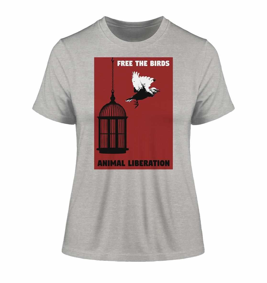 Vegan und Bio Ladies Shirt mit Vogel- und Käfigdesign, symbolisiert Tierbefreiung. Hergestellt aus Bio-Baumwolle, steht für Freiheit und Nachhaltigkeit.