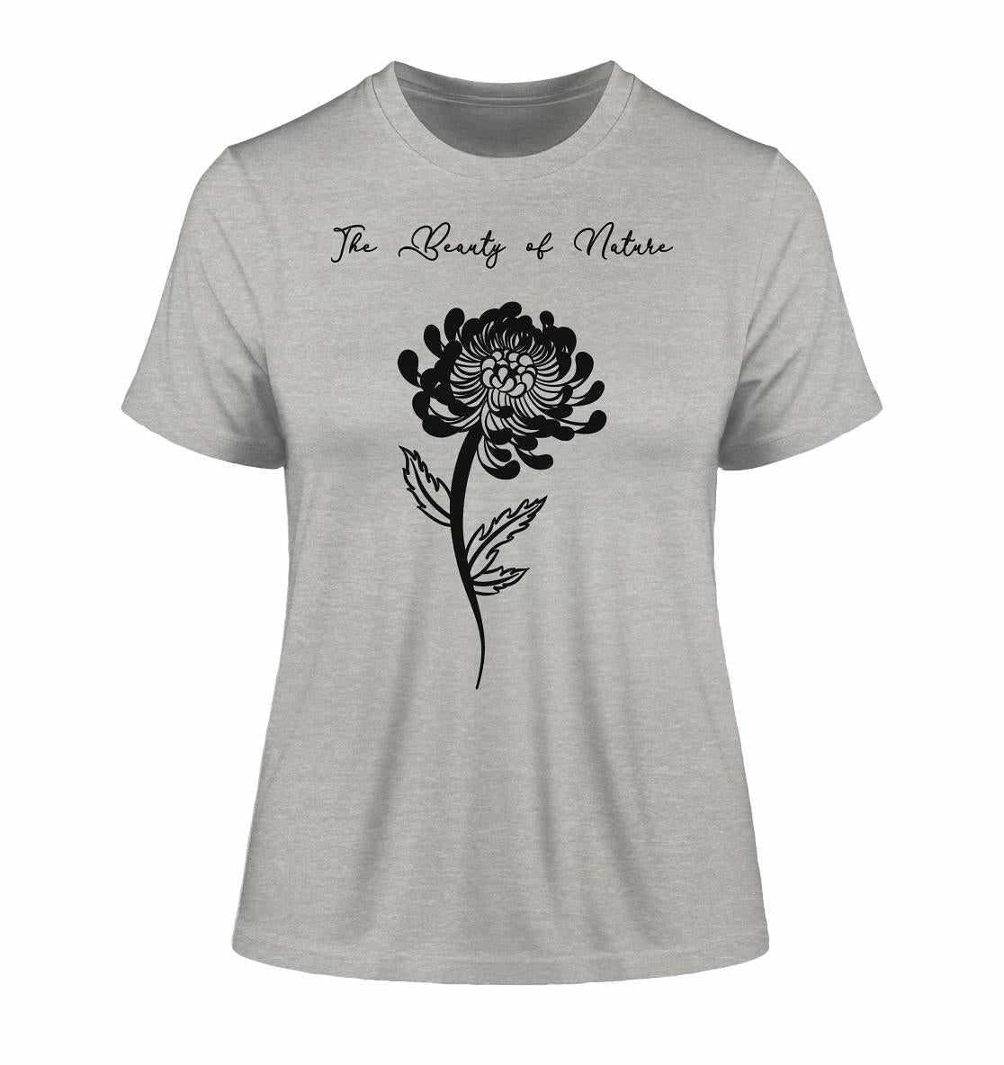 Vegan und Bio Ladies Shirt: Chrysantheme, graues Shirt mit schwarzem Blumenmuster, aus Bio-Baumwolle, symbolisiert Naturschutz. Designed von RUDE REBEL.