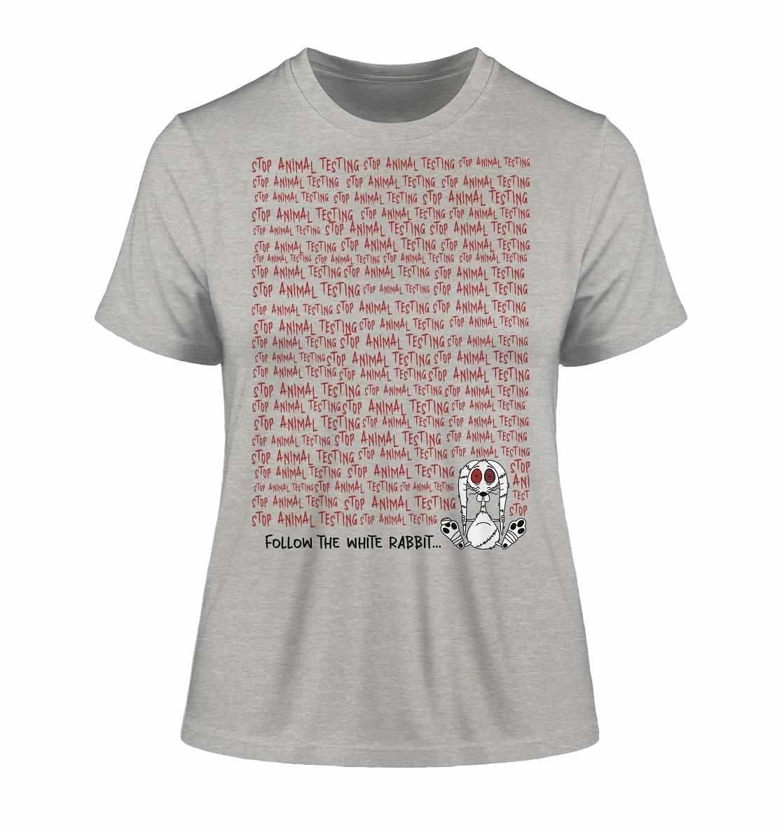 Vegan und Bio Ladies Shirt mit rotem Text und Cartoon-Hase, der auf Tierversuche aufmerksam macht. Hergestellt aus 100 % Bio-Baumwolle.