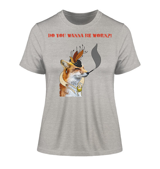 Vegan und Bio Ladies Shirt: Mrs. Fox demonstriert gegen Pelz, zeigt einen Fuchs mit Hut, inspiriert von Tierrechten, auf grauem Bio-Baumwoll-T-Shirt.