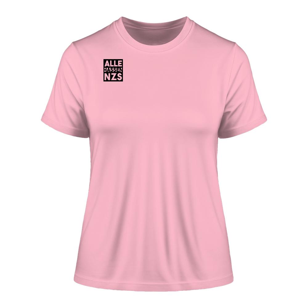 Vegan und Bio Ladies Shirt: ALLE HASSEN NZS! Frontansicht, hellrosa, mit schwarzem Quadrat und Text auf Brust; 100% Bio-Baumwolle, enge Passform, rebellisches Design, RUDE REBEL Style.