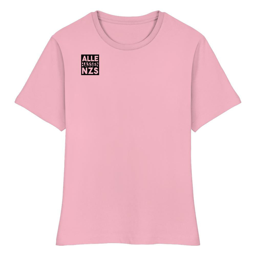 Damen T-Shirt aus Bio-Baumwolle, eng anliegend, mit dem Aufdruck ALLE HASSEN NZS! auf der Brust. Nachhaltiges Design von RUDE REBEL.