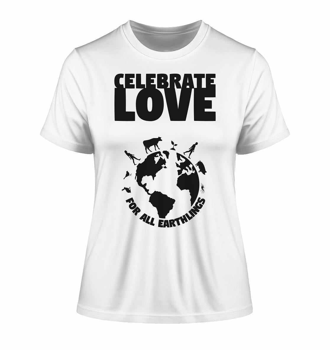 Vegan und Bio Ladies Shirt: Celebrate Love For All Earthlings, weißes T-Shirt mit schwarzem Text und Wolf-Silhouette, aus 100% Bio-Baumwolle, umweltfreundlich und vegan produziert.