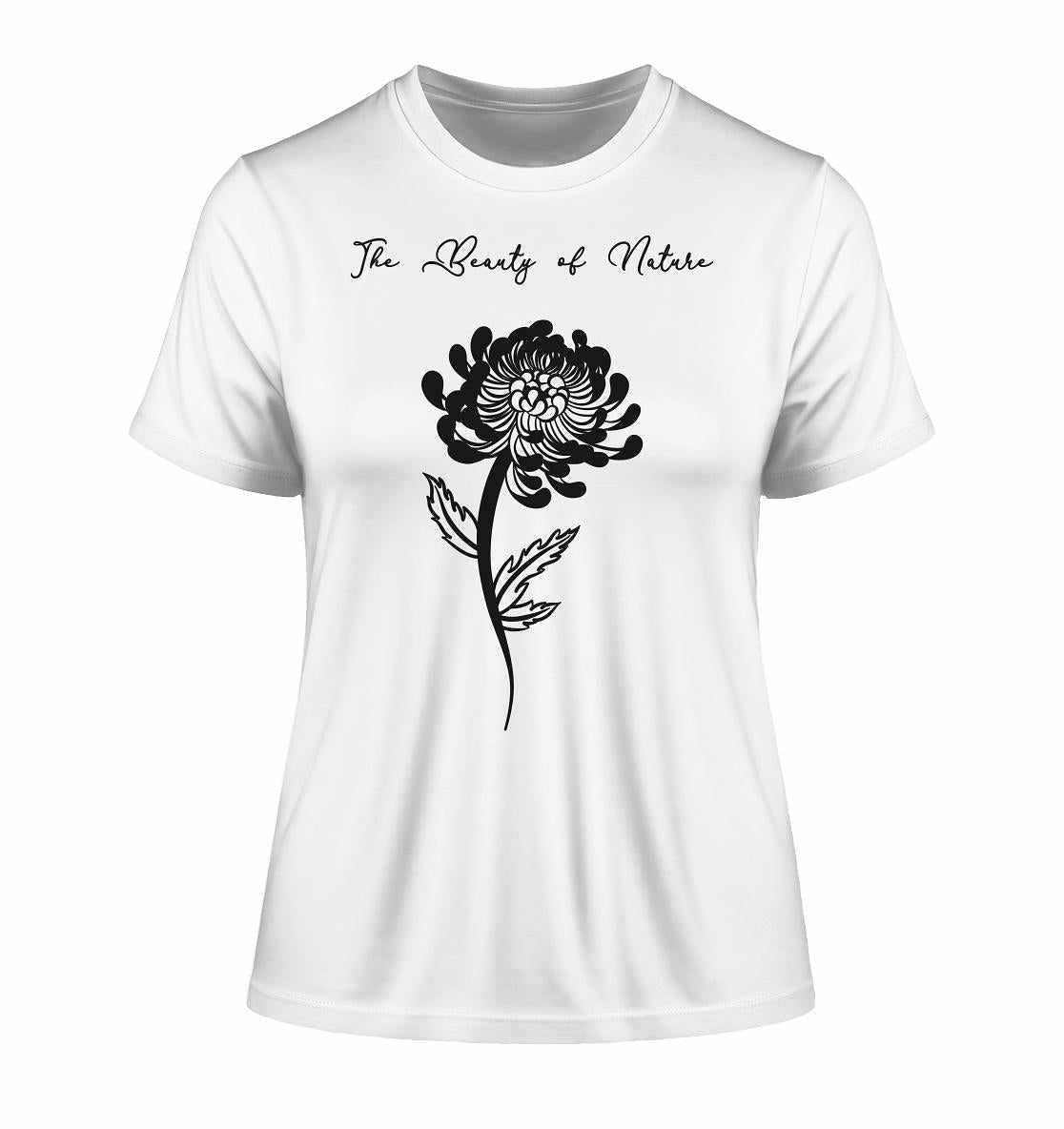 Vegan und Bio Ladies Shirt: Chrysantheme, aus weißer Bio-Baumwolle, zeigt schwarze Blumen und symbolisiert Naturschutz.