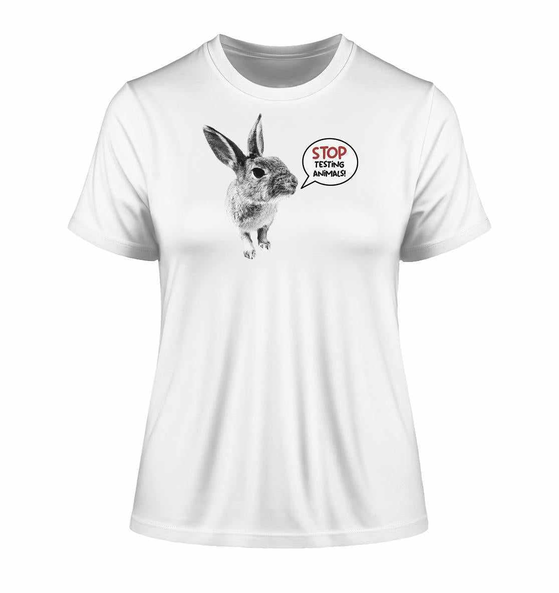 Vegan und Bio Ladies Shirt: Cute Rabbit - Stop Testing Animals!, weißes T-Shirt mit schwarzem Hasenmotiv und Sprechblase, aus Bio-Baumwolle, Tierrechte unterstützend.