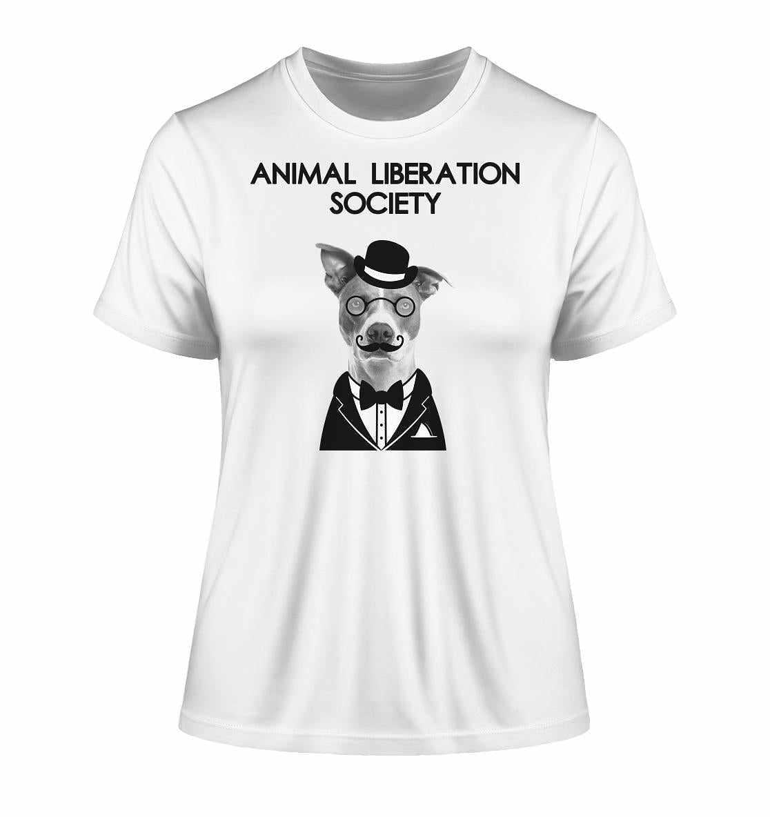 Vegan und Bio Ladies Shirt: Mr. Dog - Animal Liberation Society, featuring a dog with hat and glasses, promoting Tierrechte und Nachhaltigkeit, aus 100% Bio-Baumwolle.
