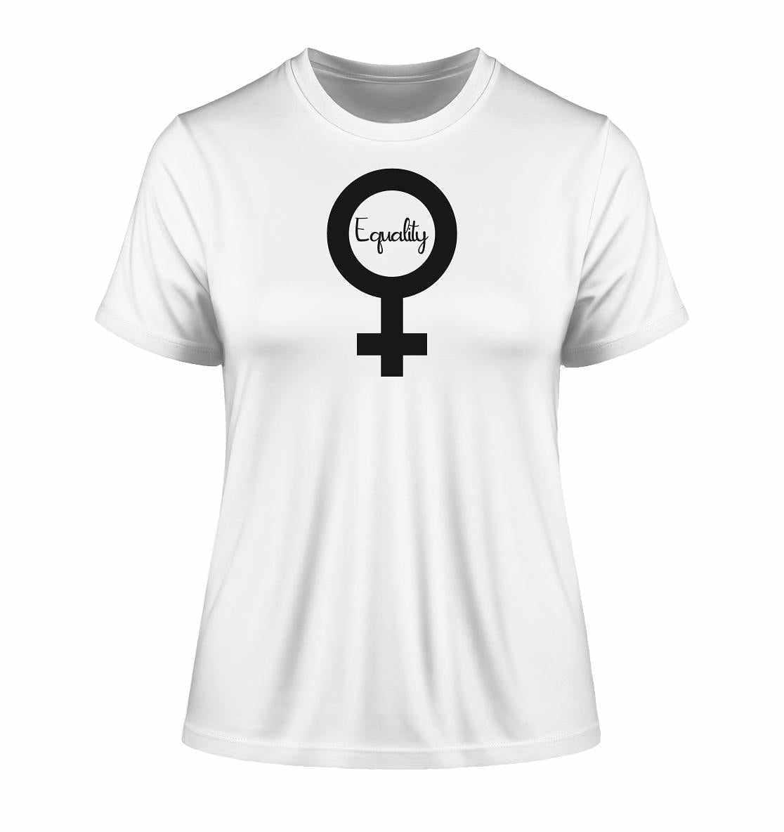 Vegan und Bio Ladies Shirt mit schwarzem Kreuzsymbol, das für weltweite Gleichberechtigung der Frauen steht, aus Bio-Baumwolle, umweltfreundlich produziert.