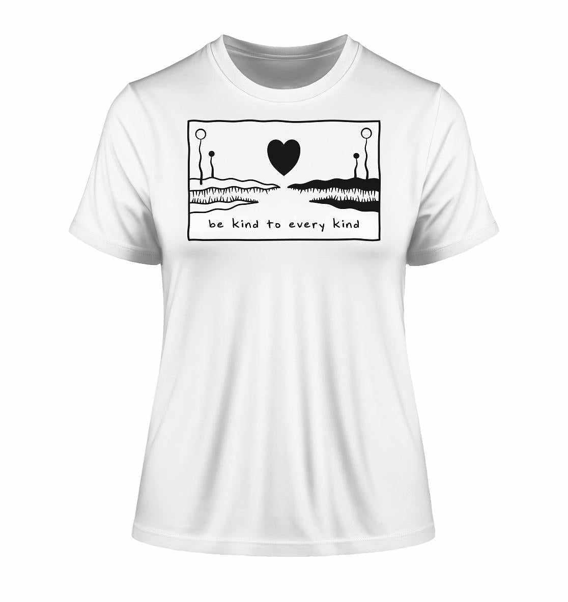 Vegan und Bio Ladies Shirt Be kind to every kind mit Herzmotiv und Text, aus umweltfreundlicher Bio-Baumwolle, symbolisiert Frieden und Liebe für alle Wesen.