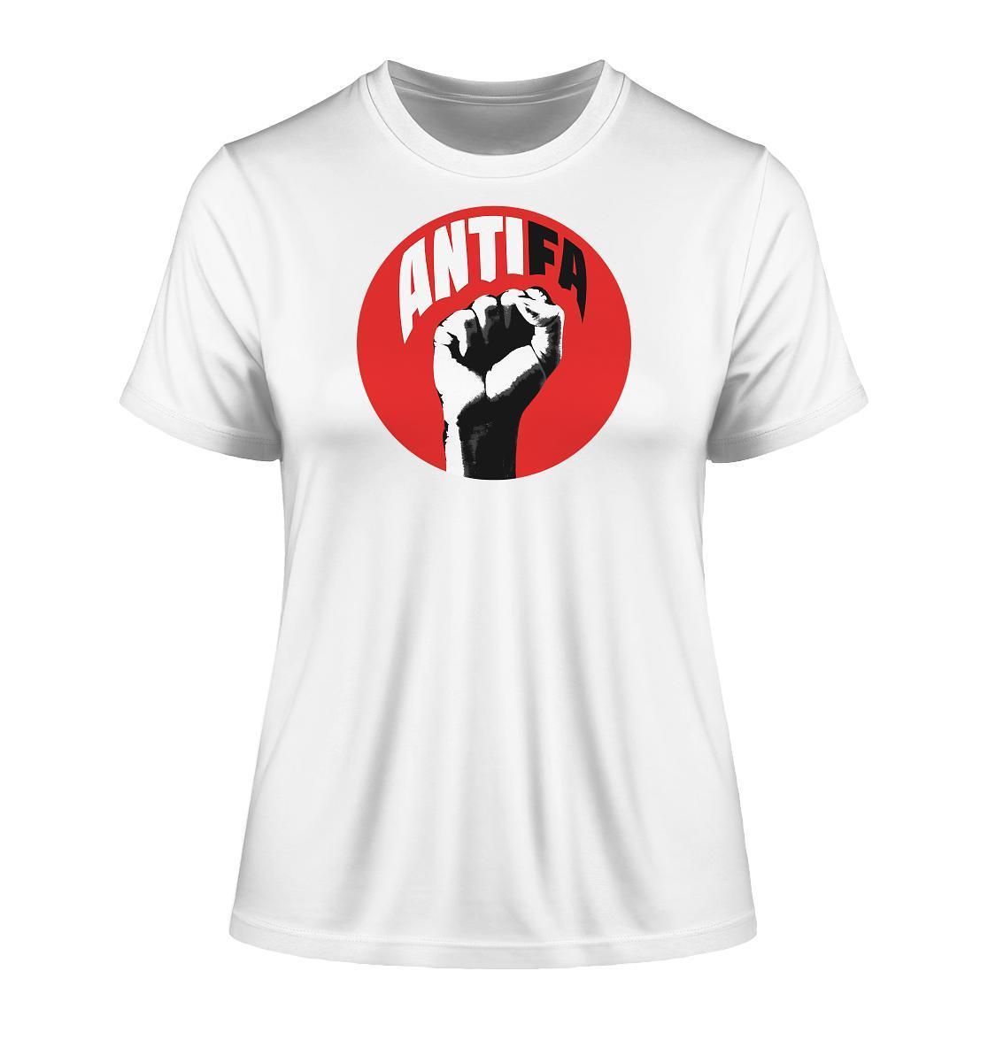 Vegan und Bio Ladies Shirt: Antifa - Kampf gegen Rechts, weißes Shirt mit rotem Kreis und Faust, aus Bio-Baumwolle, symbolisiert Widerstand gegen Faschismus.