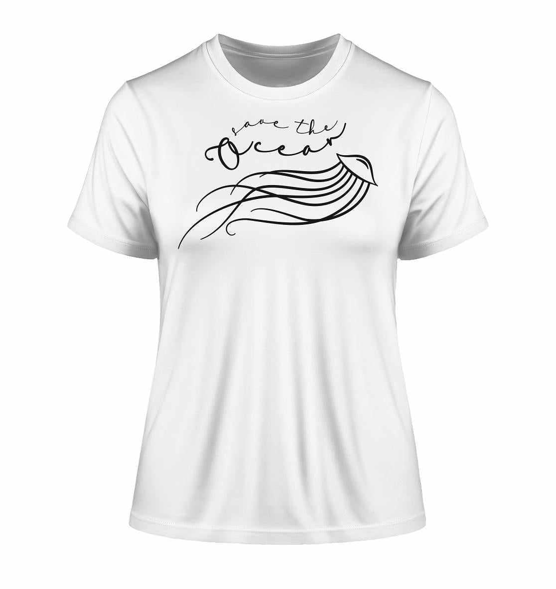 Vegan und Bio Ladies Shirt: Save the Ocean - Minimalist Jellyfish, weiße Bio-Baumwoll-T-Shirt mit einem minimalistischen Quallen-Design und dem Aufruf Save the Ocean.