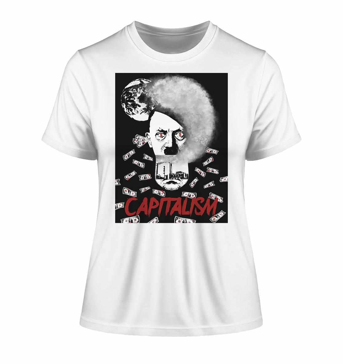 Weißes Bio-T-Shirt mit Bild eines bärtigen Mannes und rotem Text, thematisiert Kapitalismus und Umweltzerstörung, von RUDE REBEL, vegan und umweltfreundlich hergestellt.