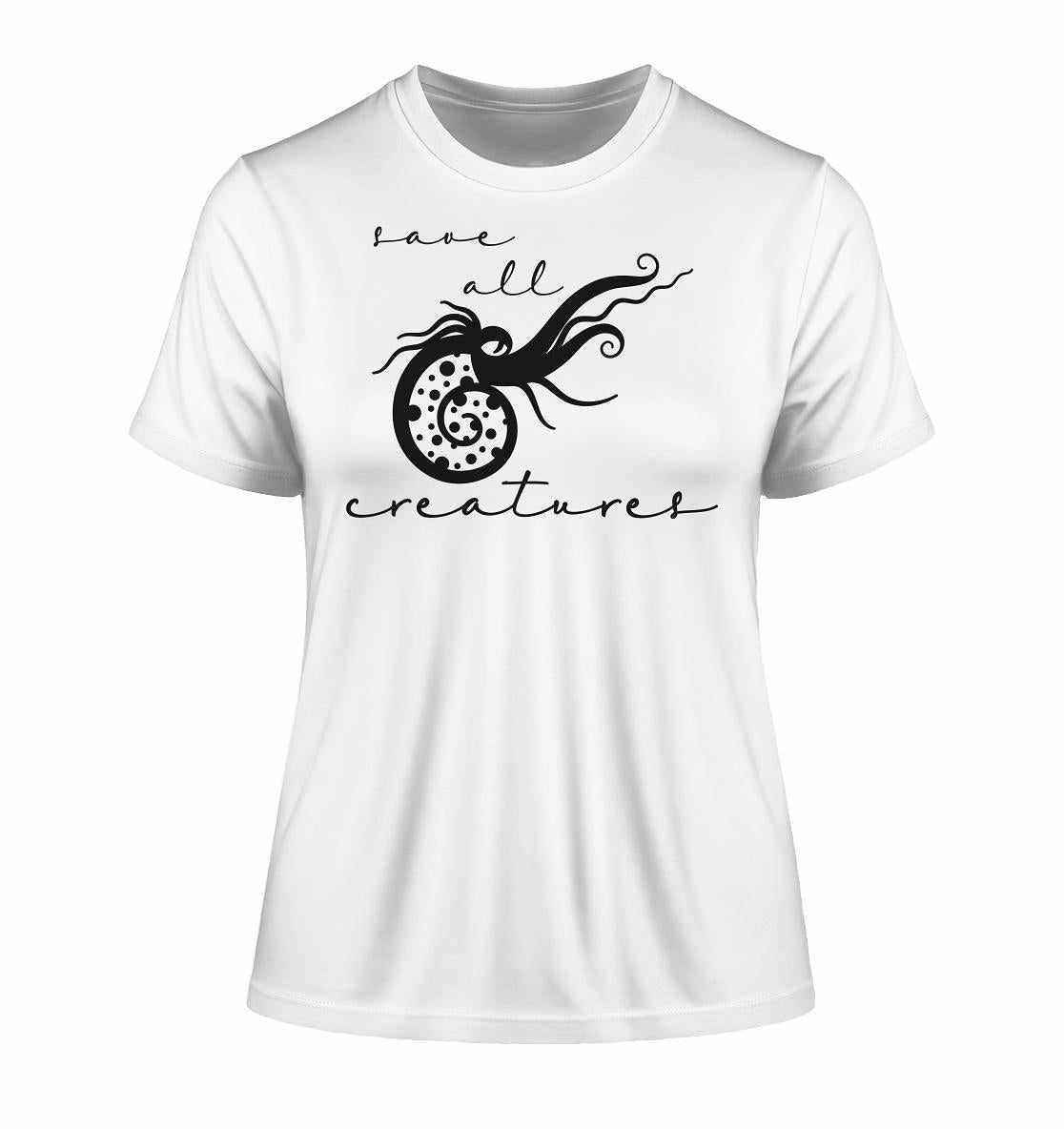 Vegan und Bio Ladies Shirt: Save All Creatures, weißes T-Shirt mit schwarzem Meereskreatur-Design, umweltfreundlich produziert aus 100% Bio-Baumwolle.