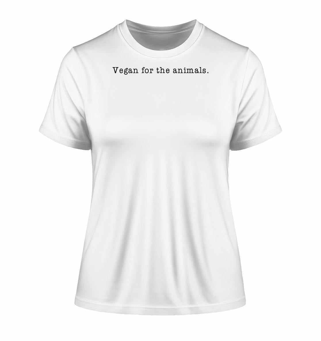 Vegan und Bio Ladies Shirt: Vegan for the animals - minimalistisch, weißes T-Shirt aus Bio-Baumwolle mit schwarzem Textmotiv, symbolisiert vegane und nachhaltige Lebensweise.