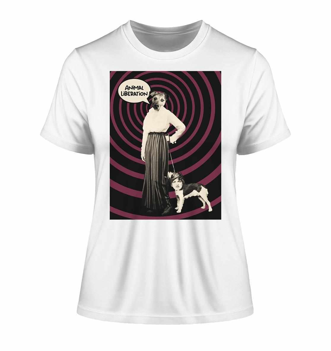 Vegan und Bio Ladies Shirt: Upside Down - Animal Liberation, zeigt Collage einer Frau mit Hund, inspiriert von Tierrechten, auf weißem T-Shirt aus Bio-Baumwolle.