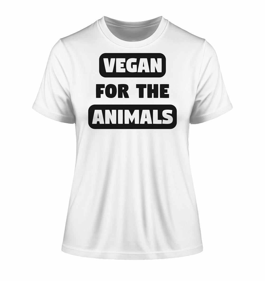 Veganes Bio-Damen-Shirt mit Aufschrift VEGAN FOR THE ANIMALS aus 100% Bio-Baumwolle, designed für Tierliebe und Nachhaltigkeit.