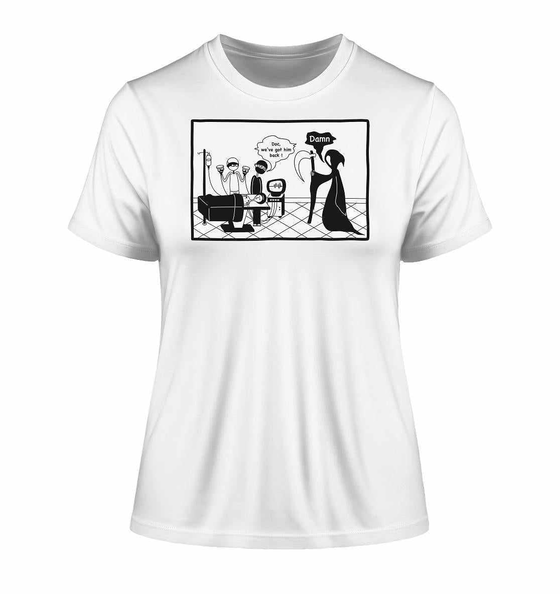 Vegan und Bio Ladies Shirt: Comicstripe - The Reaper, zeigt einen Cartoon mit dem Tod und einem Doktor im Krankenhaus, auf weißem T-Shirt aus Bio-Baumwolle.