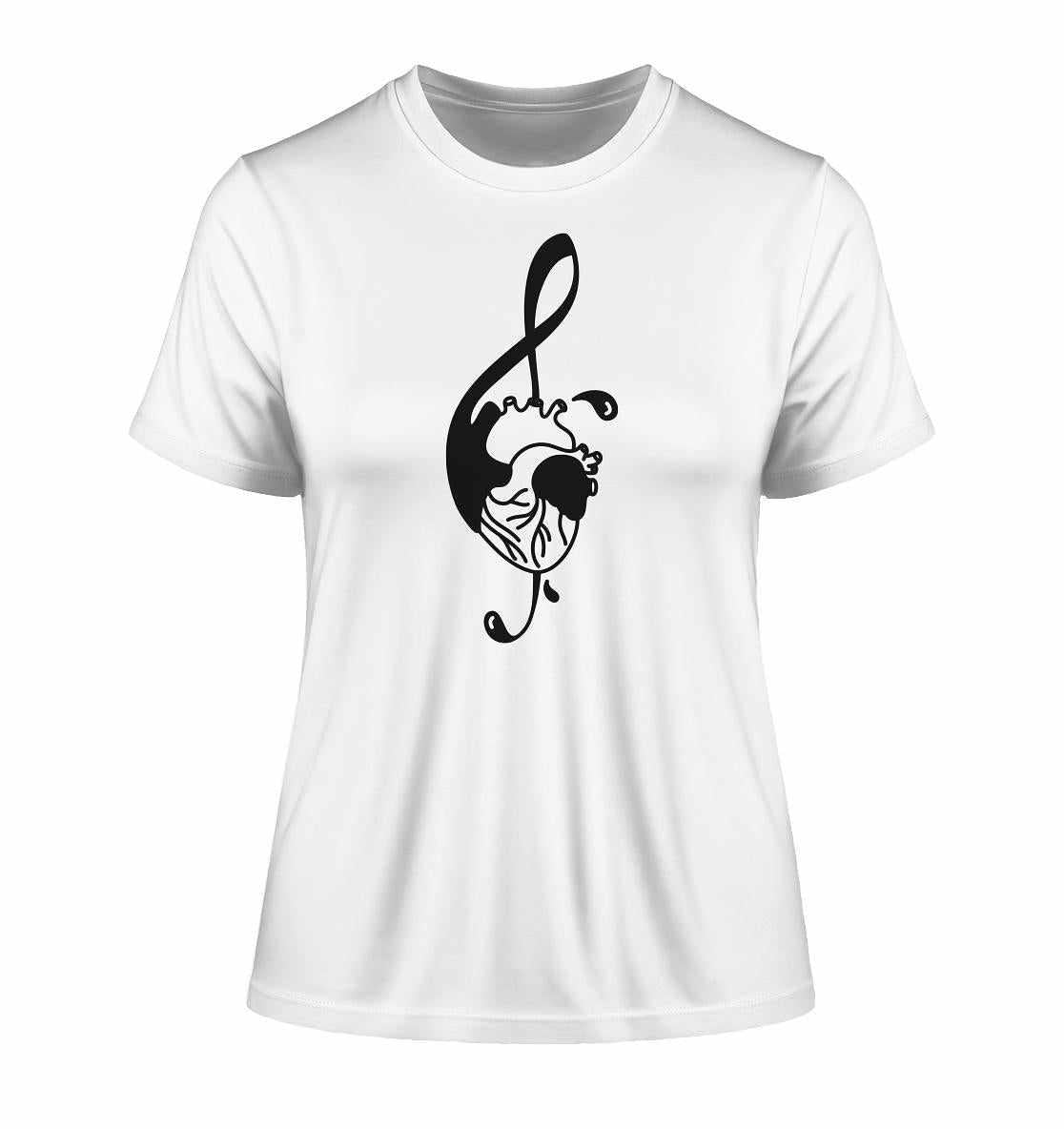 Veganes und Bio Ladies Shirt mit schwarzem Notenschlüssel-Design, symbolisiert Musiktherapie; gefertigt aus 100% Bio-Baumwolle. Perfekt für Musikliebhaber.