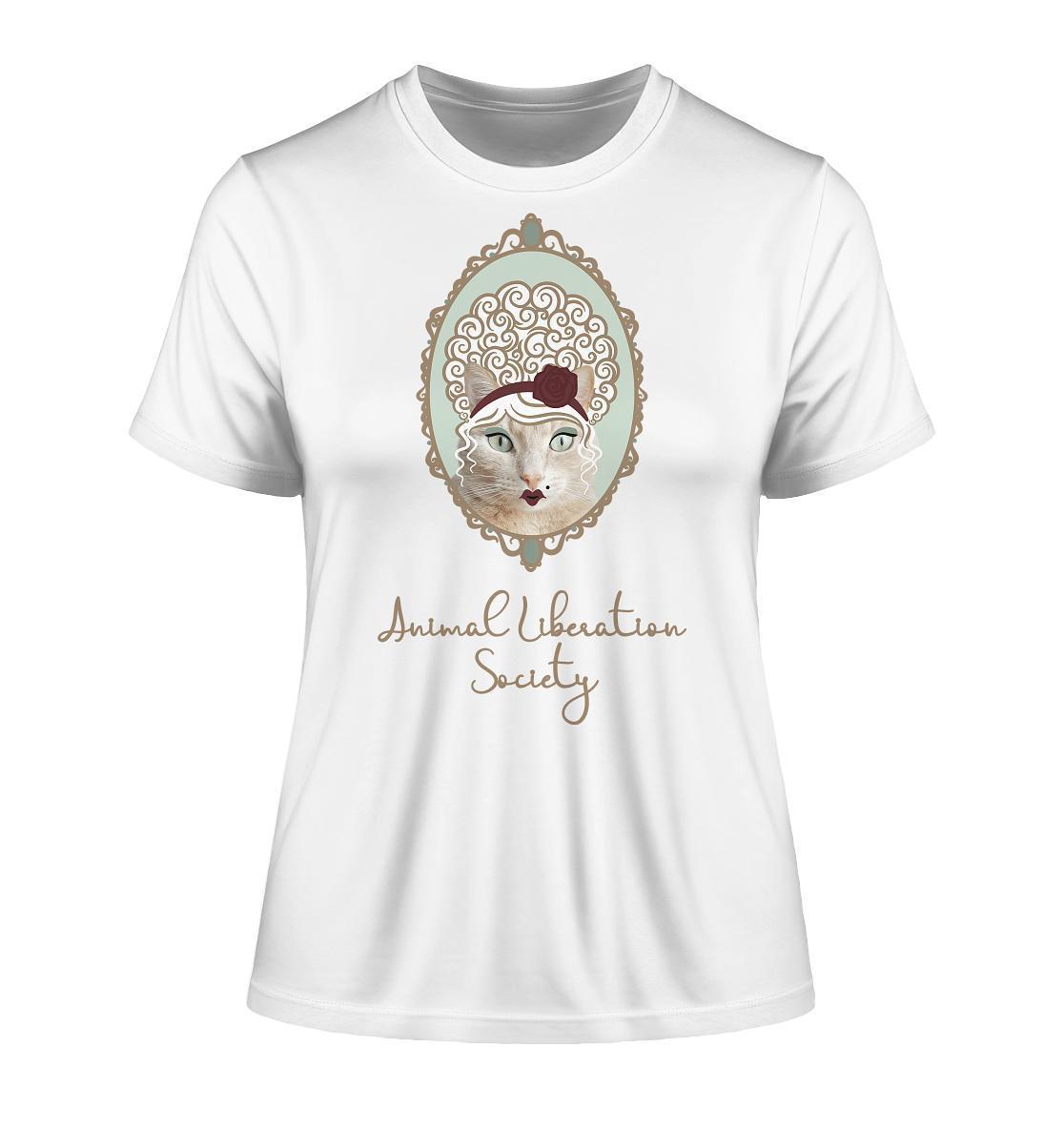 Vegan und Bio Ladies Shirt: Miss Cat - Animal Liberation Society, zeigt eine katzenartige Dame mit Hut, aus Bio-Baumwolle, umweltfreundlich produziert.
