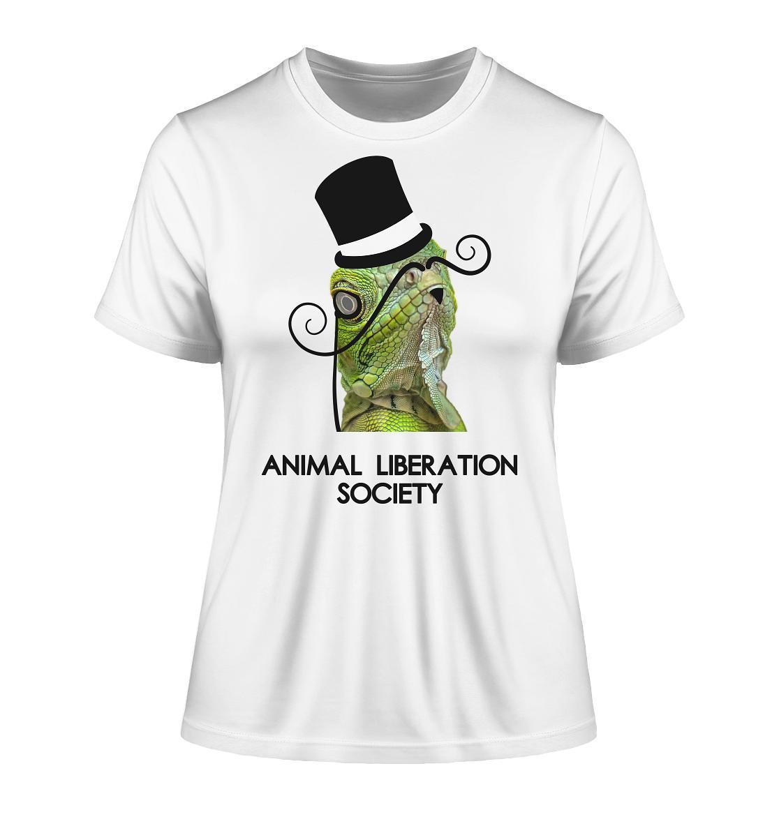 Vegan und Bio Unisex Shirt: Sir Reptile - Animal Liberation Society, zeigt einen eleganten grünen Lizard mit Zylinder und Schnurrbart auf weißem T-Shirt.