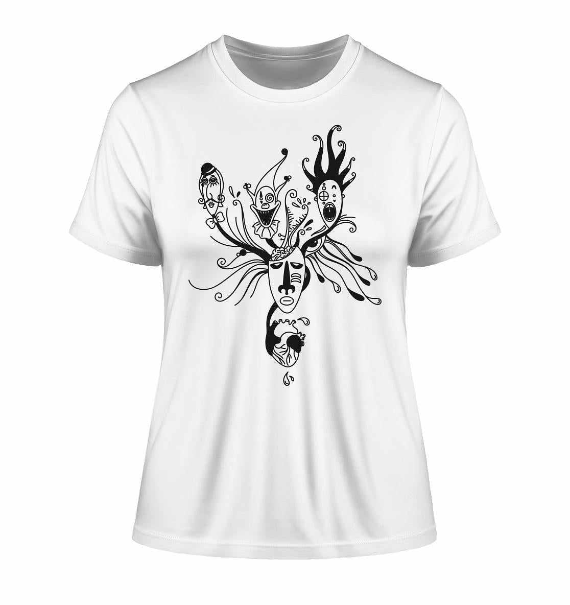 Vegan und Bio Ladies Shirt: Mental Health - Behind the Mask..., weißes T-Shirt mit schwarzem Gesichtsmotiv, minimalistisches Blackwork-Design, aus Bio-Baumwolle, von RUDE REBEL.