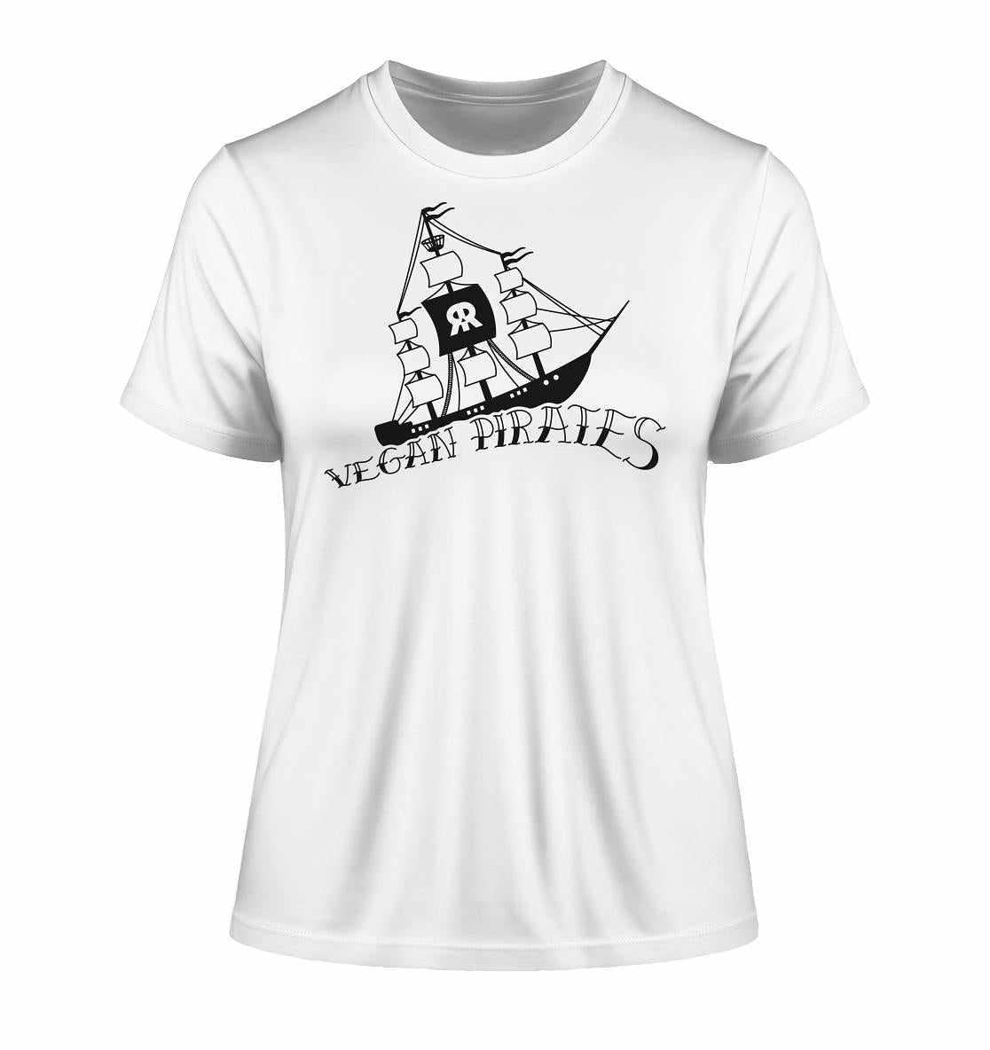 Vegan und Bio Ladies Shirt: Vegan Pirates, weißes T-Shirt mit Piratenschiff-Design, nachhaltig produziert aus Bio-Baumwolle, Teil der Rude Rebel Kollektion.