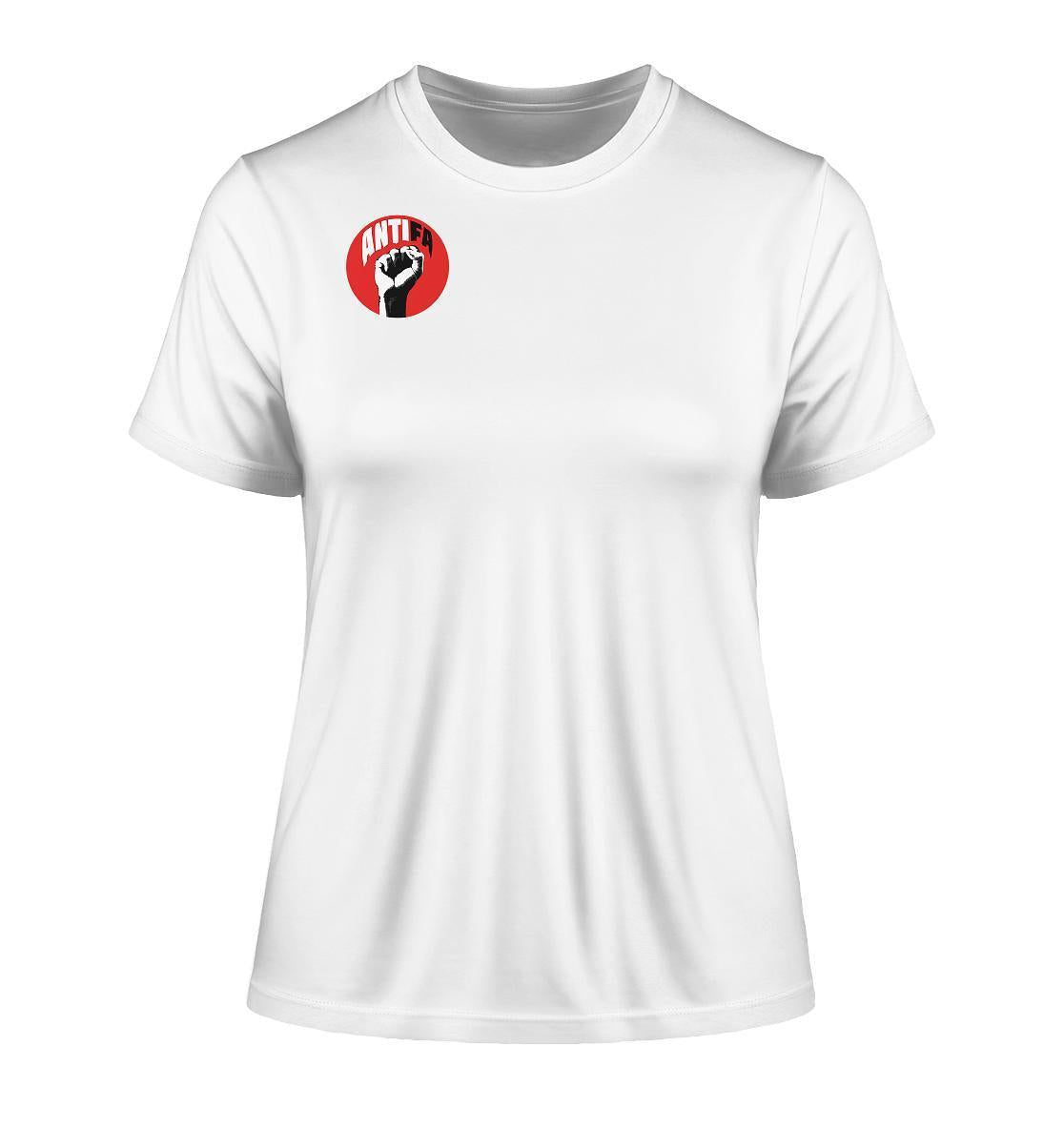 Vegan und Bio Ladies Shirt: Antifa - Gemeinsam gegen Rechts, weißes Shirt mit rotem und schwarzem Logo, zeigt erhobene Faust, aus 100% Bio-Baumwolle.