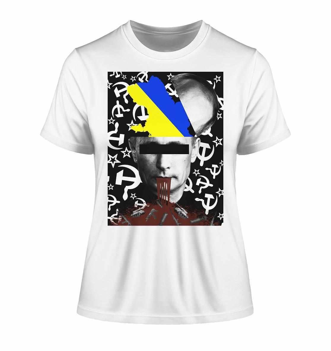 Vegan und Bio Ladies Shirt: STOP WAR IN UKRAINE! Weißes Shirt mit digitaler Collage eines Mannes, Symbolik gegen Krieg, aus Bio-Baumwolle, umweltfreundlich hergestellt.
