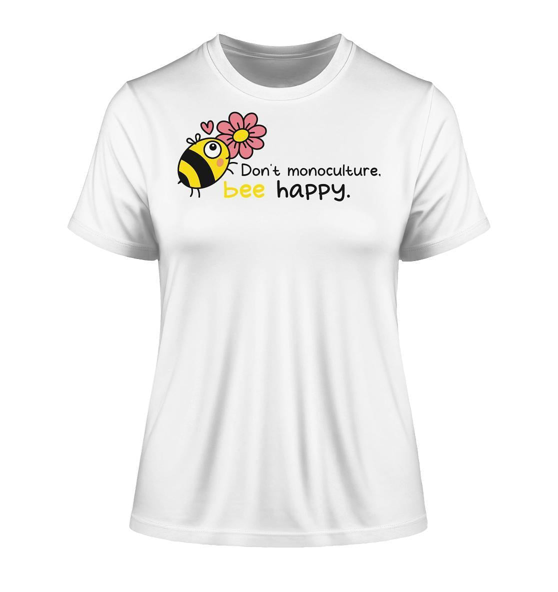 Vegan und Bio Ladies Shirt: Save the bees, mit Cartoon-Biene und Blume, symbolisiert Insektenschutz. Hergestellt aus 100% Bio-Baumwolle.